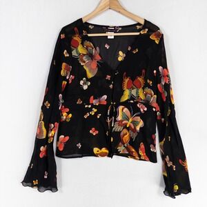 CJN Limited Top Blouse Sz Medium Black Butterfly Flare Sleeve Y2K Whimsigoth